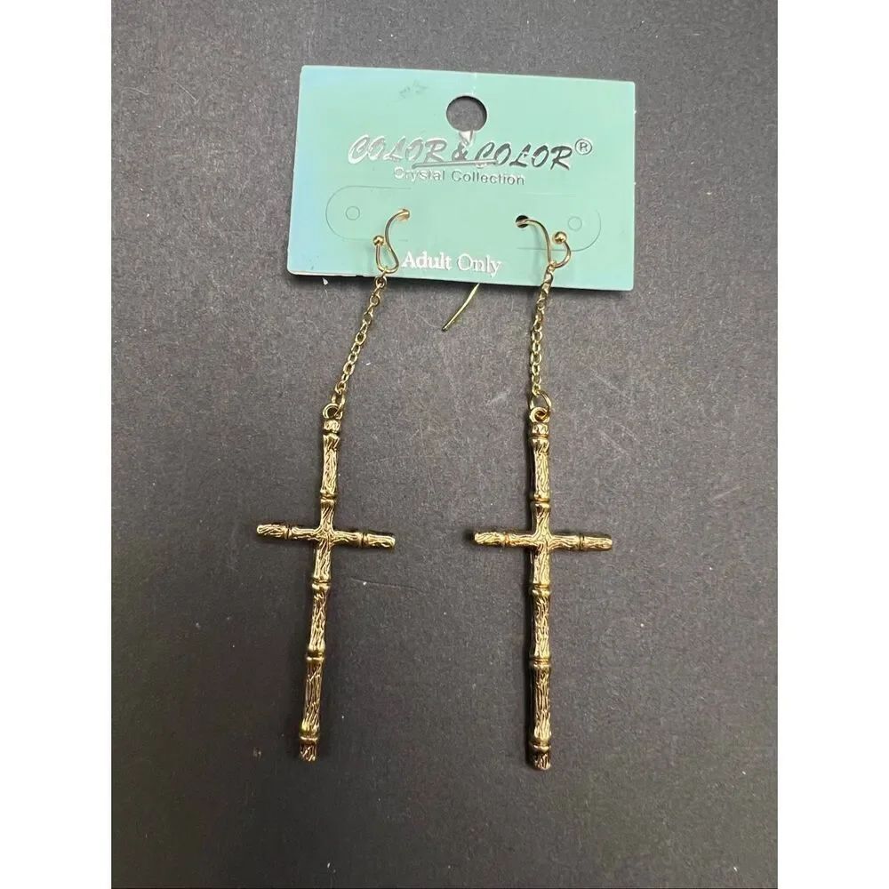 New! Color & Color Cystal Collection Banboo Style Cross Drop Dangle Earrings